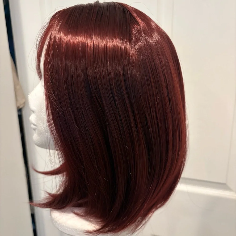 RED Shoulder Length Synthetic Bob Wig with Bangs! Partline. Burgandy Red! New!